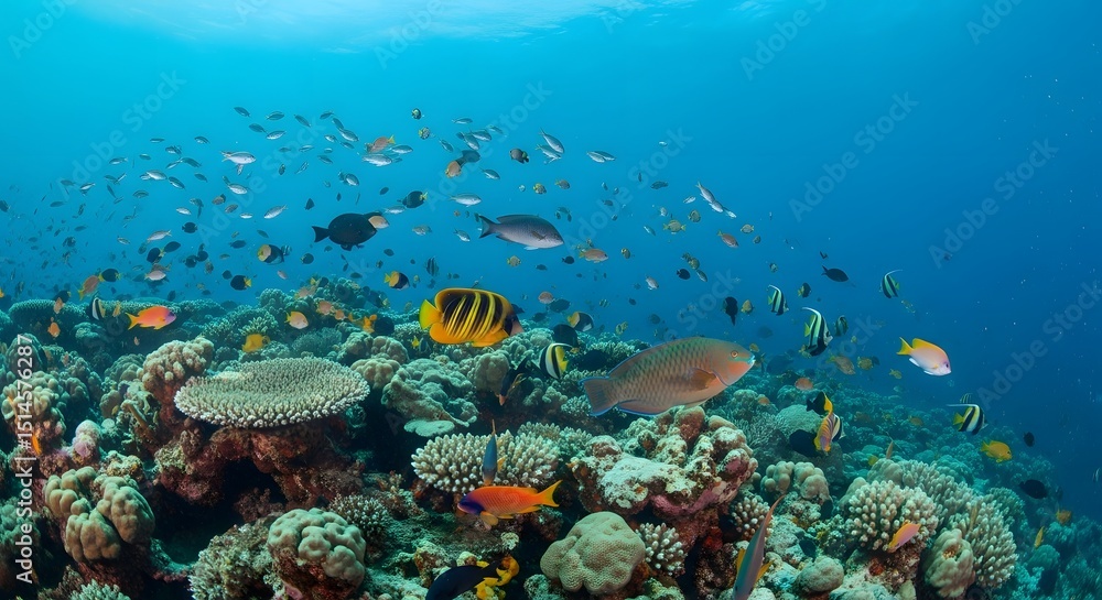 Naklejka premium A vibrant underwater seascape teeming with colorful coral and diverse marine life, a world of wonder and aquatic biodiversity.