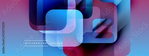 Abstract geometric shapes overlap, creating vibrant blue, purple gradients. Modern design elements suggest technology, innovation. Smooth transitions define composition.