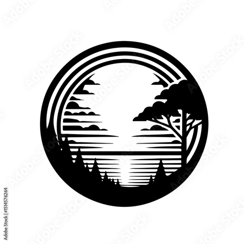 Nature Landscape Circle Silhouette - Forest Lake Vector Icon