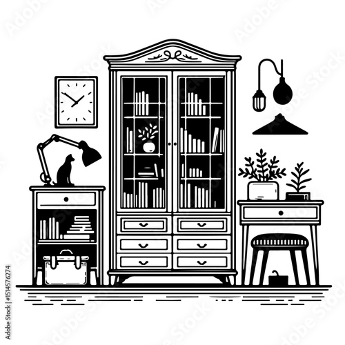 Home Office Bookshelf Silhouette - Workspace Cabinet Vector Icon