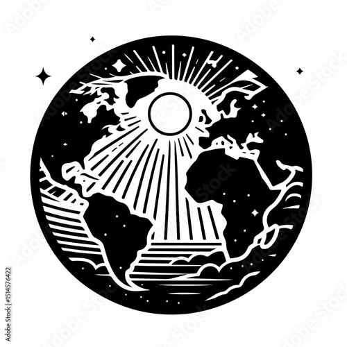 Earth Planet with Sun Icon - Celestial Globe Vector Silhouette