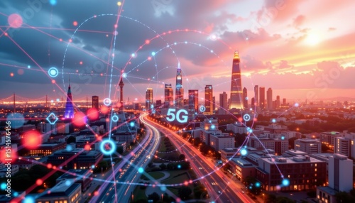 a smart city with a super fast 5g munication network concept represented by digital lines and dots, subject on the left side, leaving ample copy space on the right for photos.