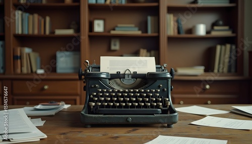 An antique typewriter, the centerpiece of a focused writer's workspace. Surrounding documents, the image portrays the vintage charm of the machine.