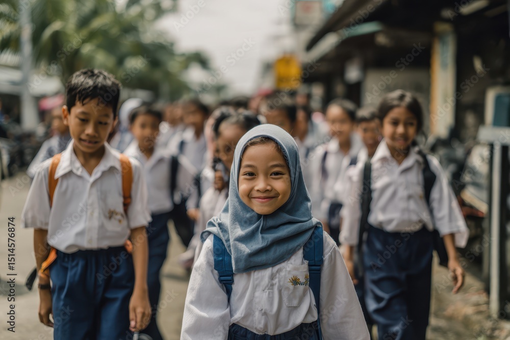 Obraz premium A Group of Schoolchildren Walking Outdoors.