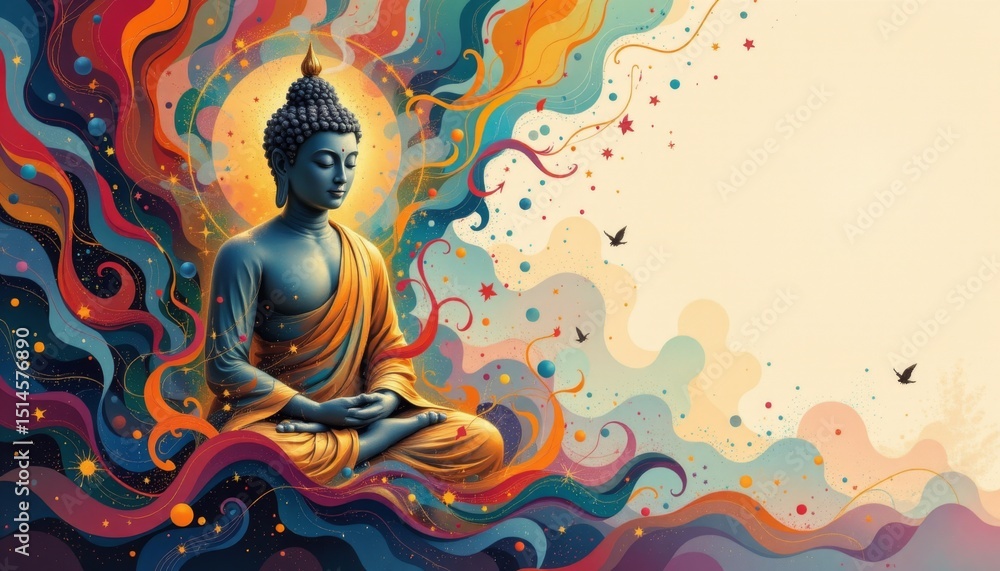 abstract art of buddha in deep meditation, surrounded by swirling imagination, on the right side of the image, ethereal light style with ample copy space on the left for photos. abstract art of buddha in deep meditation, surrounded by swirling imagination, on the right side of the image, ethereal light style with ample copy space on the left for photos.