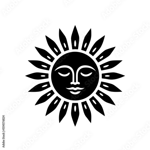 Serene Sun Face Icon - Celestial Black & White Vector