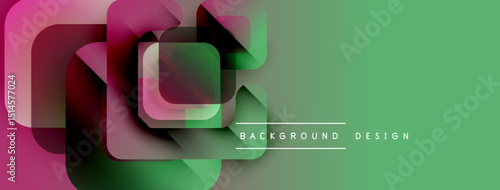 Abstract geometric shapes overlap, creating vibrant color gradients. Green dominates right side, magentapurple left. Modern design element.