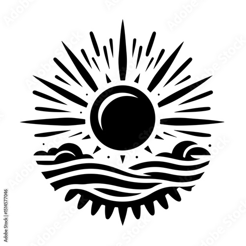 Abstract Sun & Ocean Waves Icon - Sunrise Sunset Vector