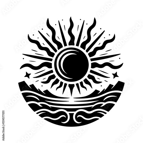 Aztec Sun Waves Icon - Celestial Landscape Vector Silhouette