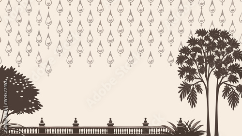 Elegant landscape design with trees and decorative raindrops pattern  