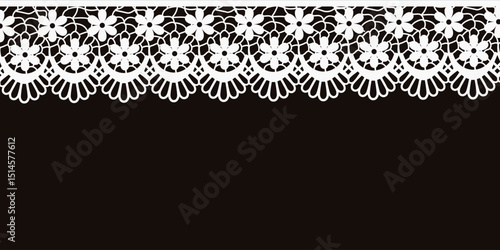 Perfect white real Lace template design. Vector illustration of handmade Lace Frame isolated black background. EPS 10