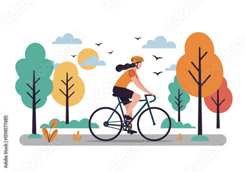 Flat vector illustration of a woman cycling through a vibrant summer park with trees, sun, and birds. Ideal for healthy lifestyle, outdoor sports, and nature themes