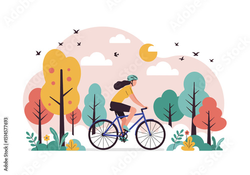 Flat vector illustration of a woman cycling through a vibrant summer park with trees, sun, and birds. Ideal for healthy lifestyle, outdoor sports, and nature themes