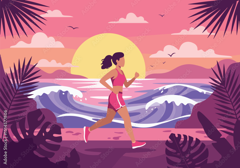 Adobe Illustrator Artwork Dynamic flat vector illustration of a woman jogging on a tropical beach at sunset, surrounded by palm leaves and ocean waves. Perfect for healthy summer lifestyle Adobe Illustrator Artwork Dynamic flat vector illustration of a woman jogging on a tropical beach at sunset, surrounded by palm leaves and ocean waves. Perfect for healthy summer lifestyle
