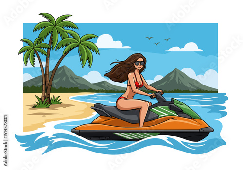 Dynamic flat vector illustration of a woman riding a jet ski on a vibrant tropical sea, surrounded by palm trees and mountains. Perfect for summer sports and healthy recreation