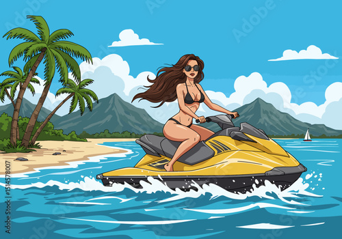 Dynamic flat vector illustration of a woman riding a jet ski on a vibrant tropical sea, surrounded by palm trees and mountains. Perfect for summer sports and healthy recreation