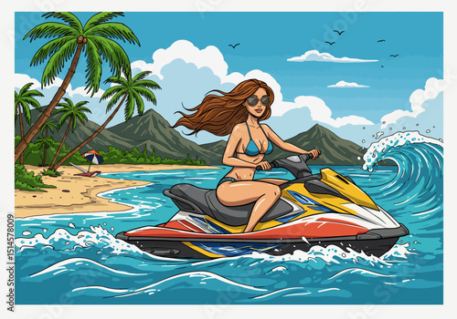 Dynamic flat vector illustration of a woman riding a jet ski on a vibrant tropical sea, surrounded by palm trees and mountains. Perfect for summer sports and healthy recreation