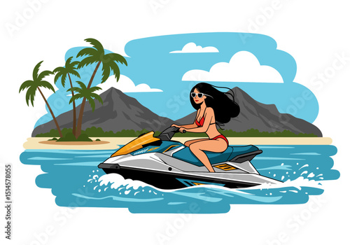 Dynamic flat vector illustration of a woman riding a jet ski on a vibrant tropical sea, surrounded by palm trees and mountains. Perfect for summer sports and healthy recreation