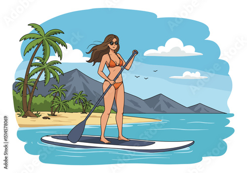 Flat vector illustration of a woman paddleboarding on a serene tropical sea with palm trees and mountains. Promotes healthy summer lifestyle and water sports
