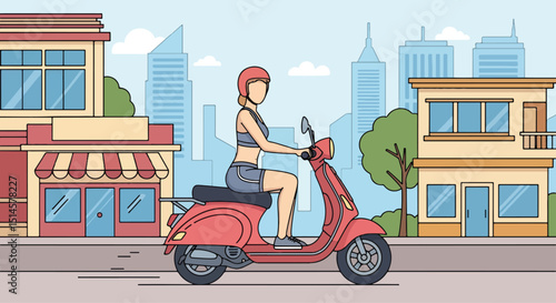 Sleek flat vector illustration of a woman in activewear riding a scooter through a modern city with skyscrapers. Perfect for urban mobility, healthy living, and summer commutes