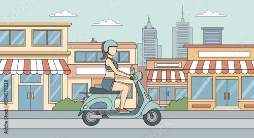 Sleek flat vector illustration of a woman in activewear riding a scooter through a modern city with skyscrapers. Perfect for urban mobility, healthy living, and summer commutes