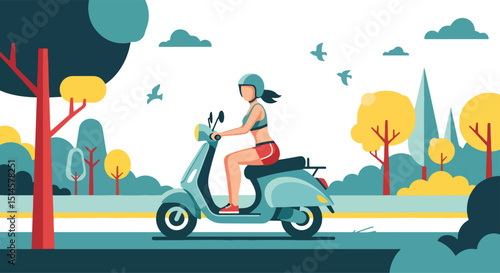 Adobe Illustrator Artwork Clean flat vector illustration of a woman riding a scooter through a scenic summer park with trees and birds. Promotes healthy lifestyle and outdoor activities