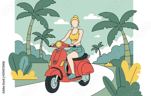 Adobe Illustrator Artwork Clean flat vector illustration of a woman riding a scooter through a scenic summer park with trees and birds. Promotes healthy lifestyle and outdoor activities