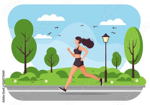 Dynamic flat vector illustration of a woman running in a summer park with trees and birds. Perfect for fitness, healthy lifestyle, outdoor exercise, and nature themes