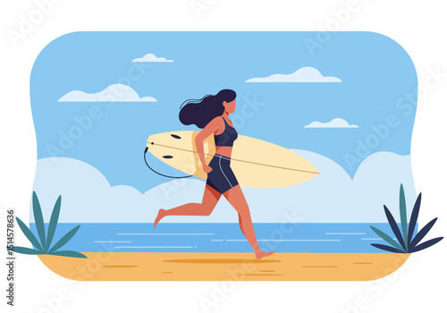 Energetic flat vector illustration of a woman running on a summer beach with her surfboard. Perfect for healthy lifestyle, surfing, and outdoor sports themes