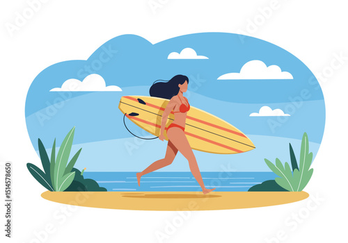 Energetic flat vector illustration of a woman running on a summer beach with her surfboard. Perfect for healthy lifestyle, surfing, and outdoor sports themes