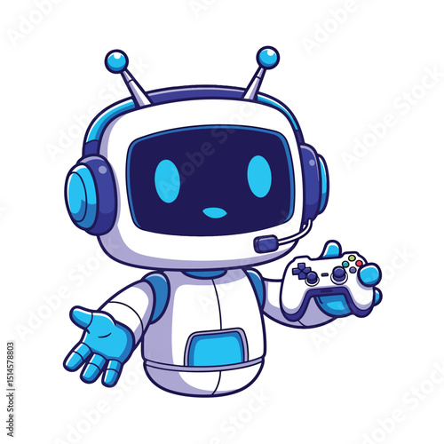 Adobe Illustrator Artwork Adorable gaming robot mascot with headphones and a gamepad, featuring a cute, friendly design. Perfect for esports, technology, or children's gaming content logo