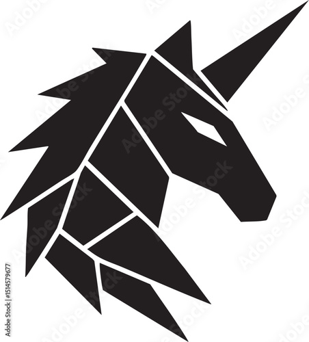 A modern silhouette of a unicorn head formed from geometric shards, representing imagination and cutting-edge creativity