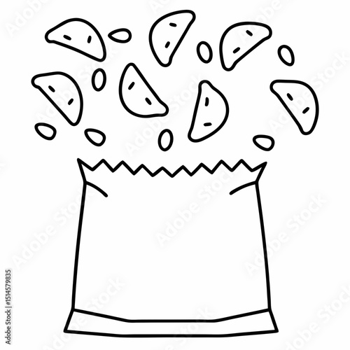 Bag of tortilla chips illustration, minimalist design, black outline on white background