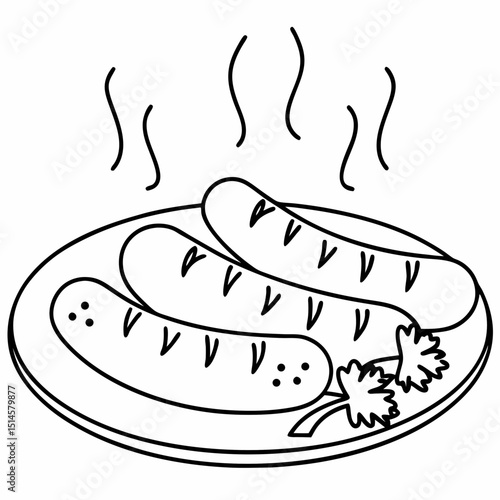 Plate of Bavarian sausages illustration, minimalist design, black outline on white background

