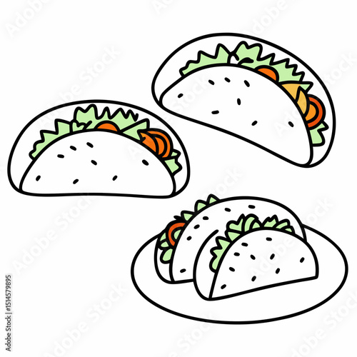 Tacos illustration, minimalist design, black outline on white background