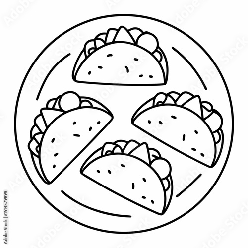 Plate of mini tacos illustration, minimalist design, black outline on white background