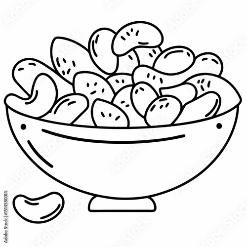 Bowl of salted nuts illustration, minimalist design, black outline on white background