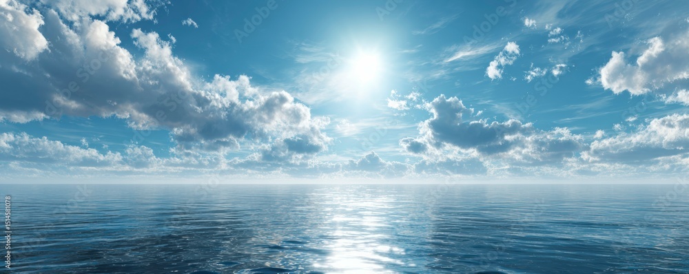 Fototapeta premium Calm ocean blue waters reflect bright sunlight under a clear sky with fluffy clouds in a serene tropical scene