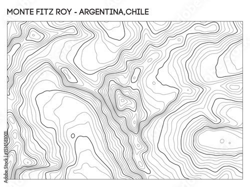 Topographic contour map of Monte Fitz Roy in Patagonia spanning Argentina and Chile with rugged elevation detail. Contour lines vector terrain background.