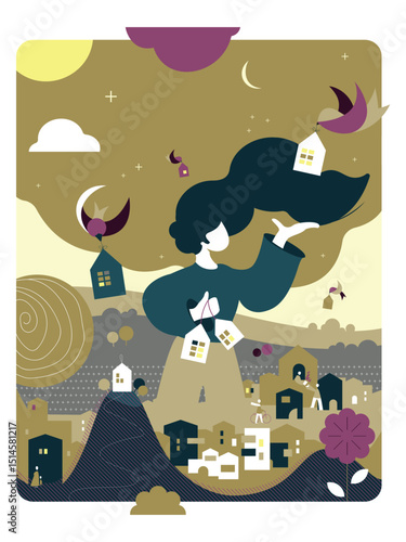 illustration vectorielle avec personnage et oiseaux qui apportent des maisons. Construction durable, écologique, raisonnée, biosourcé, raisonné, intelligent, recyclés, technologie, connectée