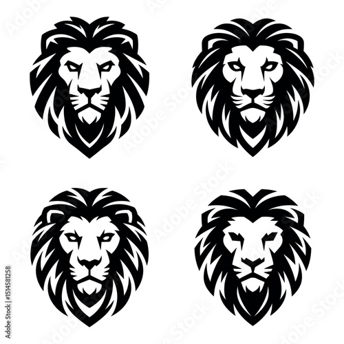 Set of four black lion head logos in tribal style isolated on white background