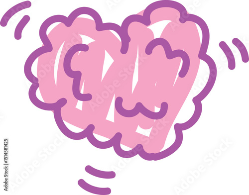 Cute beating heart cloud painted casually with pink brush, curved lines drawn by hand with a brush