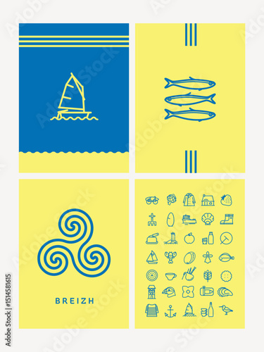 série symboles illustrant la Bretagne, la mer, la culture, le patrimoine, la gastronomie, la pêche, la marine, la voile, la région, l'histoire, la musique, l'artisanat, la faune, la flore, l'emblème