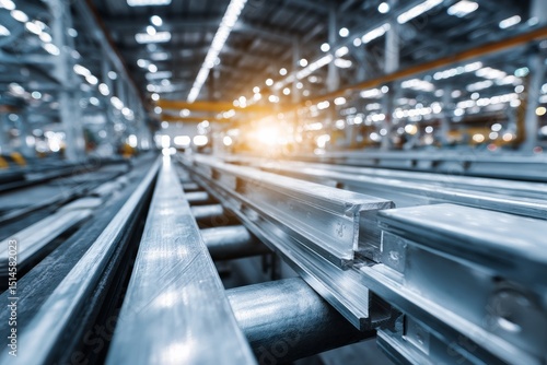 Steel Beams on Conveyor Belt Inside Manufacturing Plant