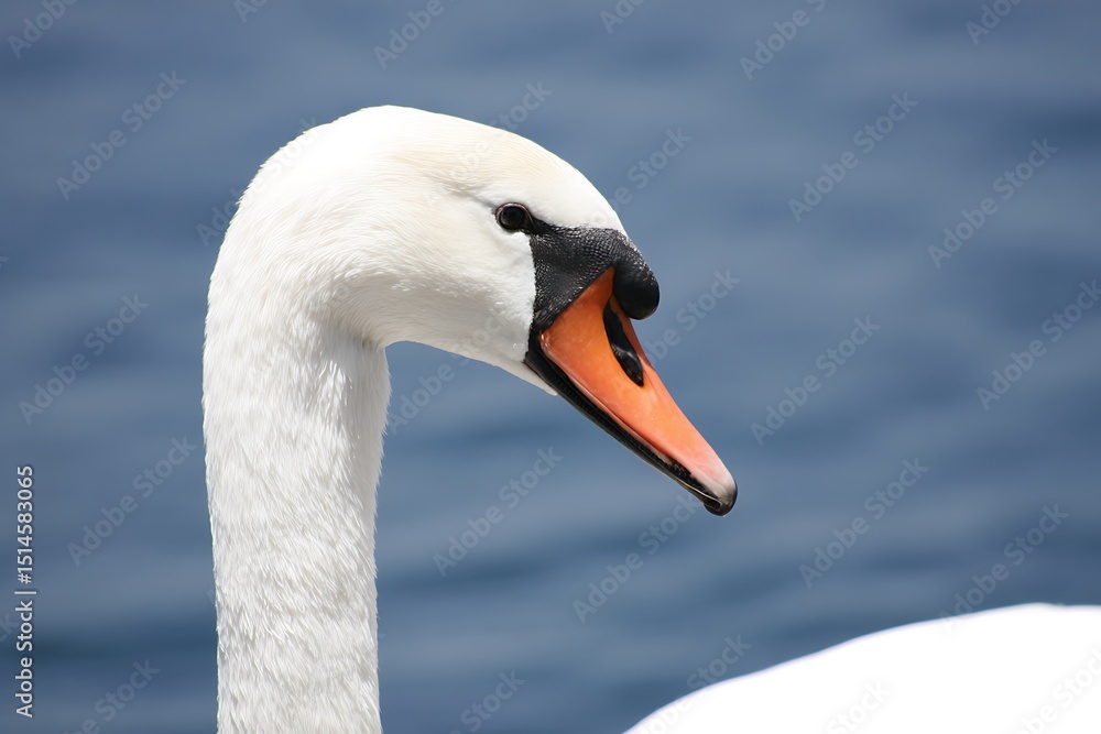 Majestic swan portrait over blue water Majestic swan portrait over blue water