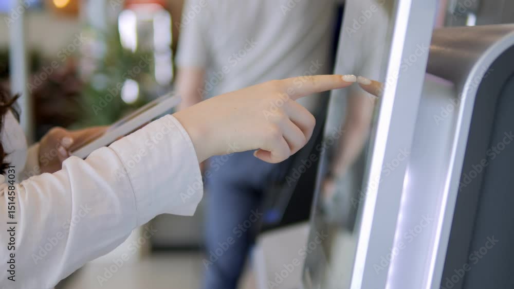 custom made wallpaper toronto digitalWoman is pointing at a screen with a man in the background. The woman is gesturing towards something on the screen, while the man looks on. The scene is set in a public space