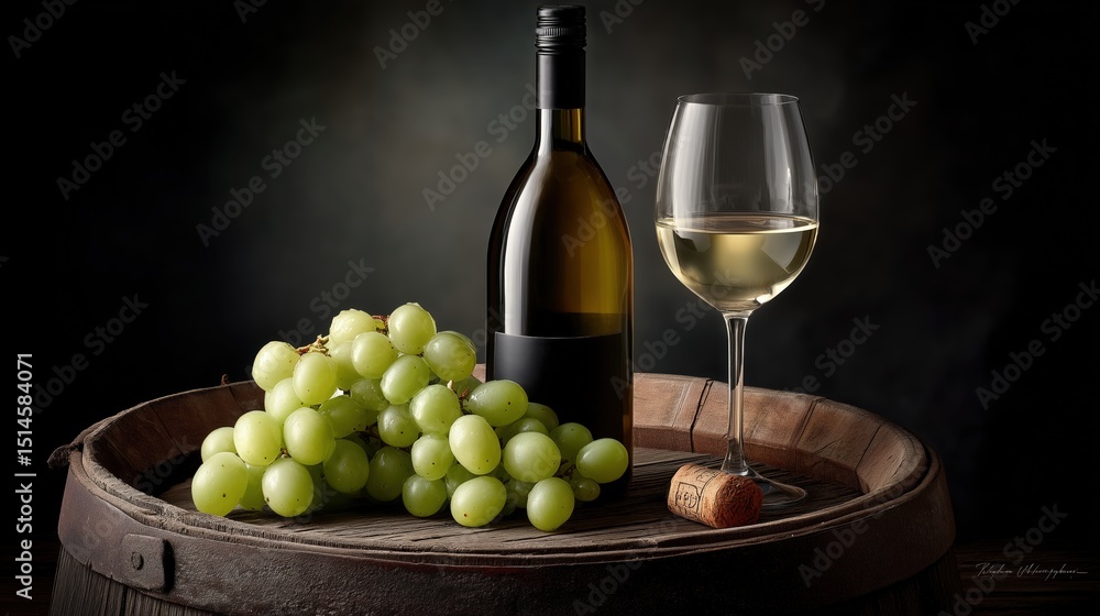 Obraz premium Bottle and glass of white wine sitting on barrel with green grapes
