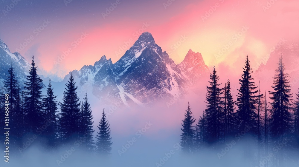 Obraz premium Snowy mountains shrouded in pastel-colored mist.