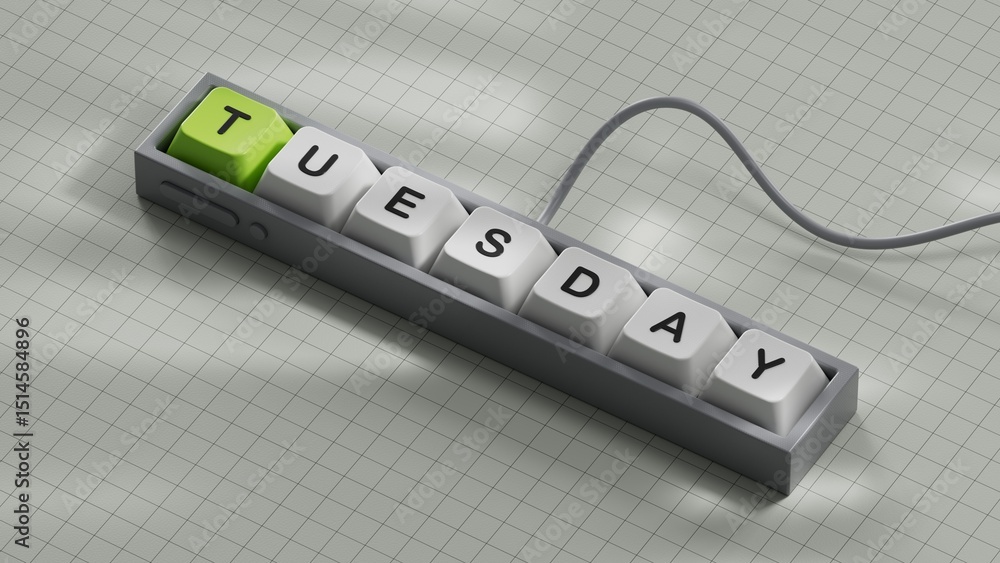 Fototapeta premium Tuesday.Computer keyboard keys spelling.Flat lay view with computer keyboard keys buttons.IT technology concept.3D rendering on white background.