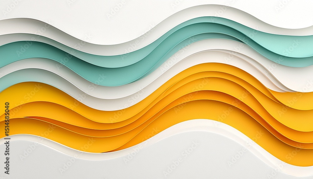 Abstract Wavy Paper Layers in Yellow Teal and White Abstract Wavy Paper Layers in Yellow Teal and White